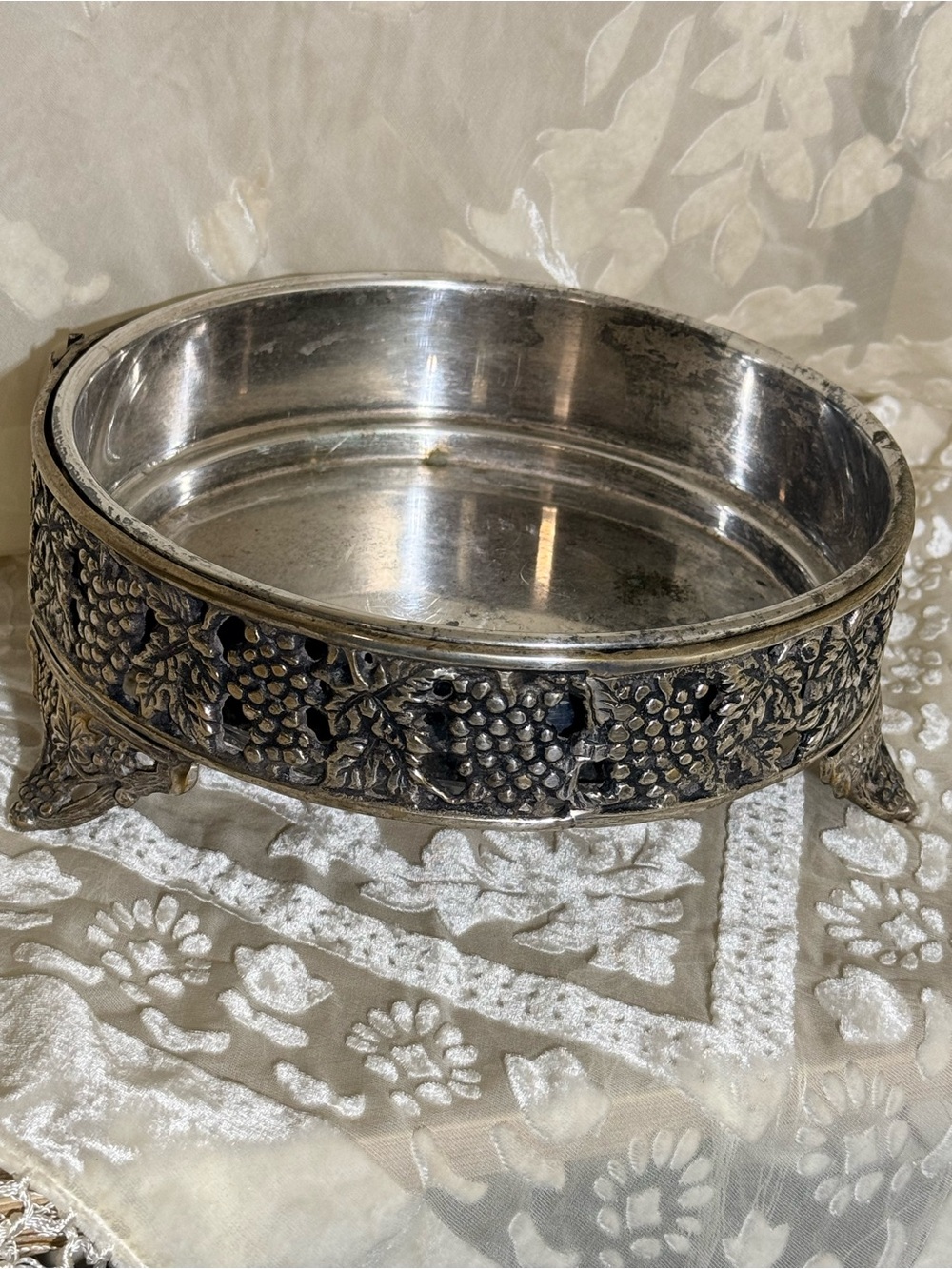 Antique-Style Silver Serving Bowl/ Planter  with Grape Motif
